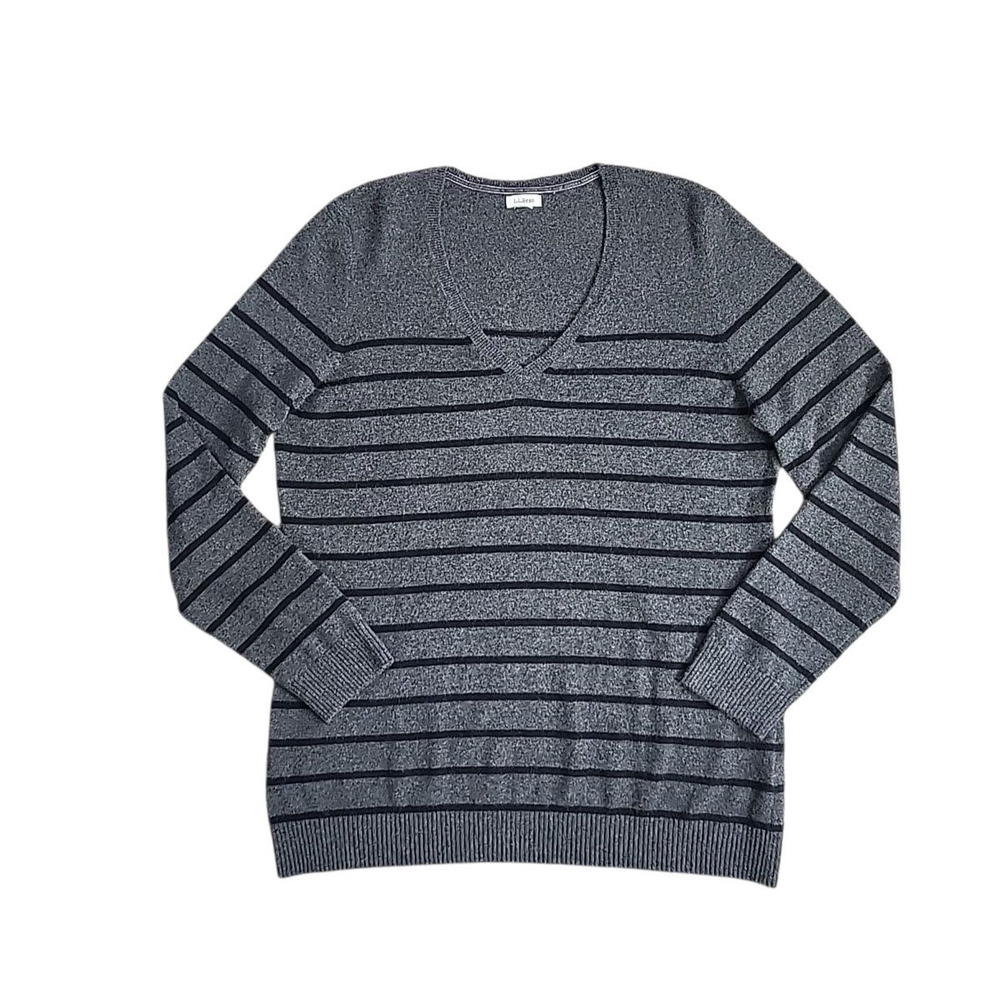 L.L.Bean 100% Cashmere V-Neck Sweater Men M Charcoal Gray Stripe Classic‎ Office